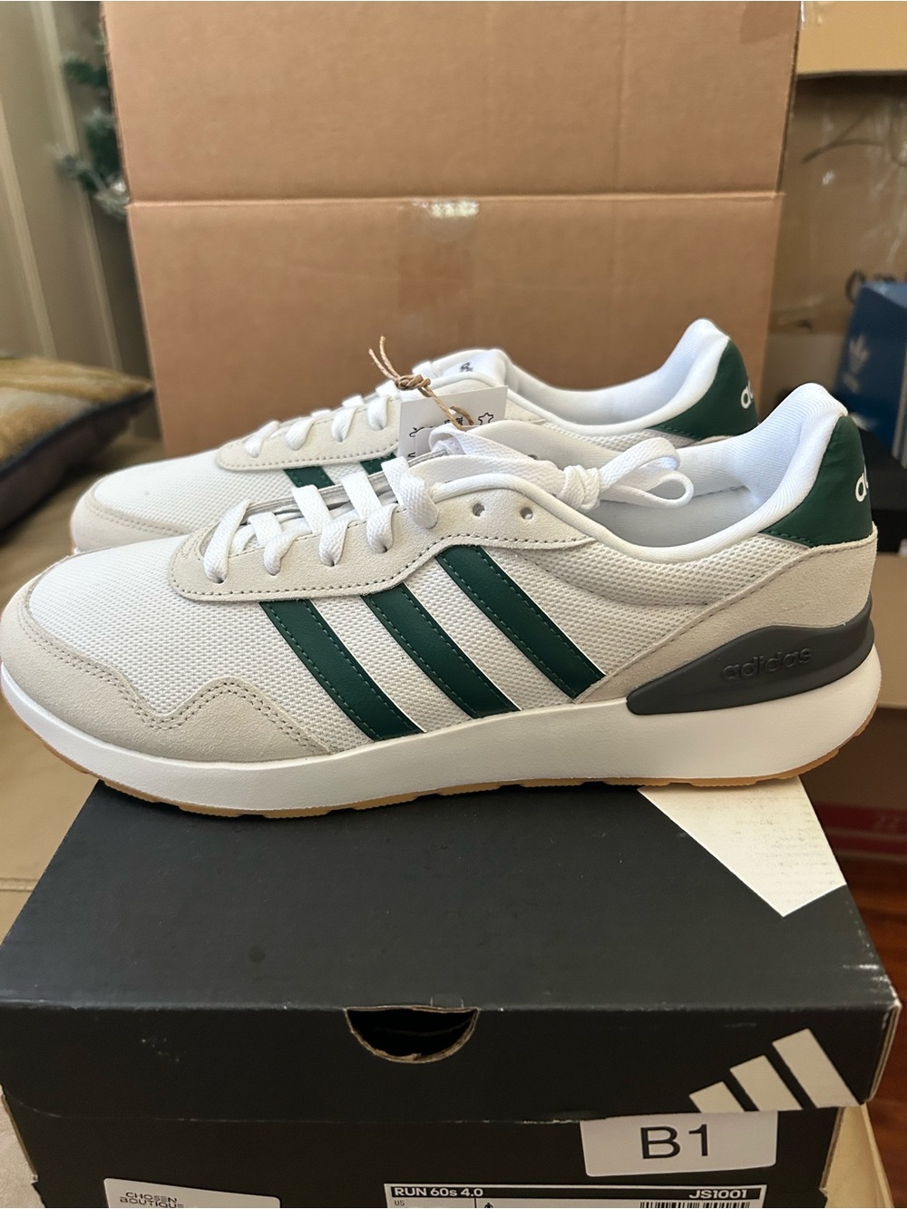 Men’s adidas Run 60’s White Sneakers with Green Three-Stripes